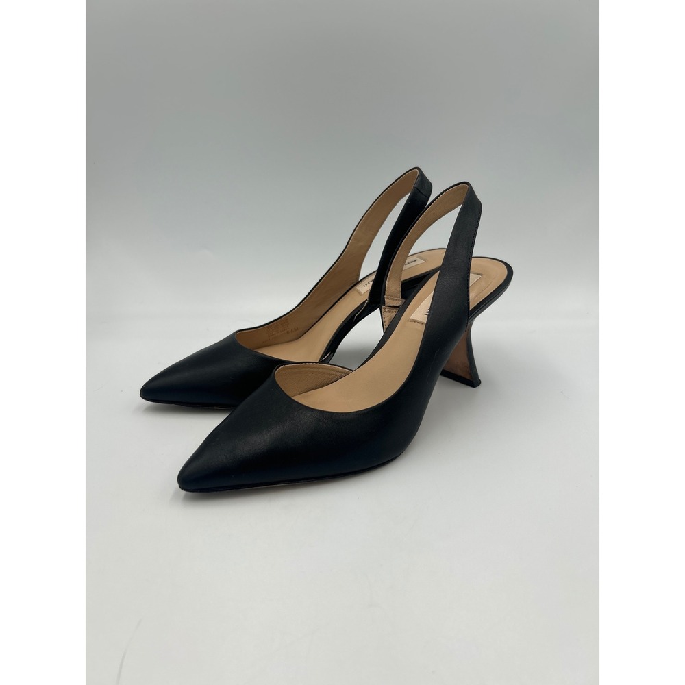 Antonio Melani Black Leather Slingback Pumps Pointed Toe Flared Heel Womens 6.5M